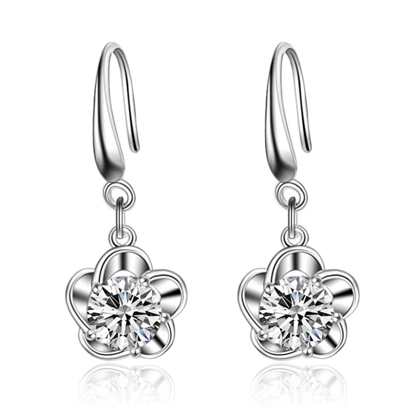 Фото Hot Sale Promotion 2018 New Fashion Flower Desgin Shiny Zircon 925 Sterling Silver Drop Earrings for Women Jewelry Gift | Украшения и