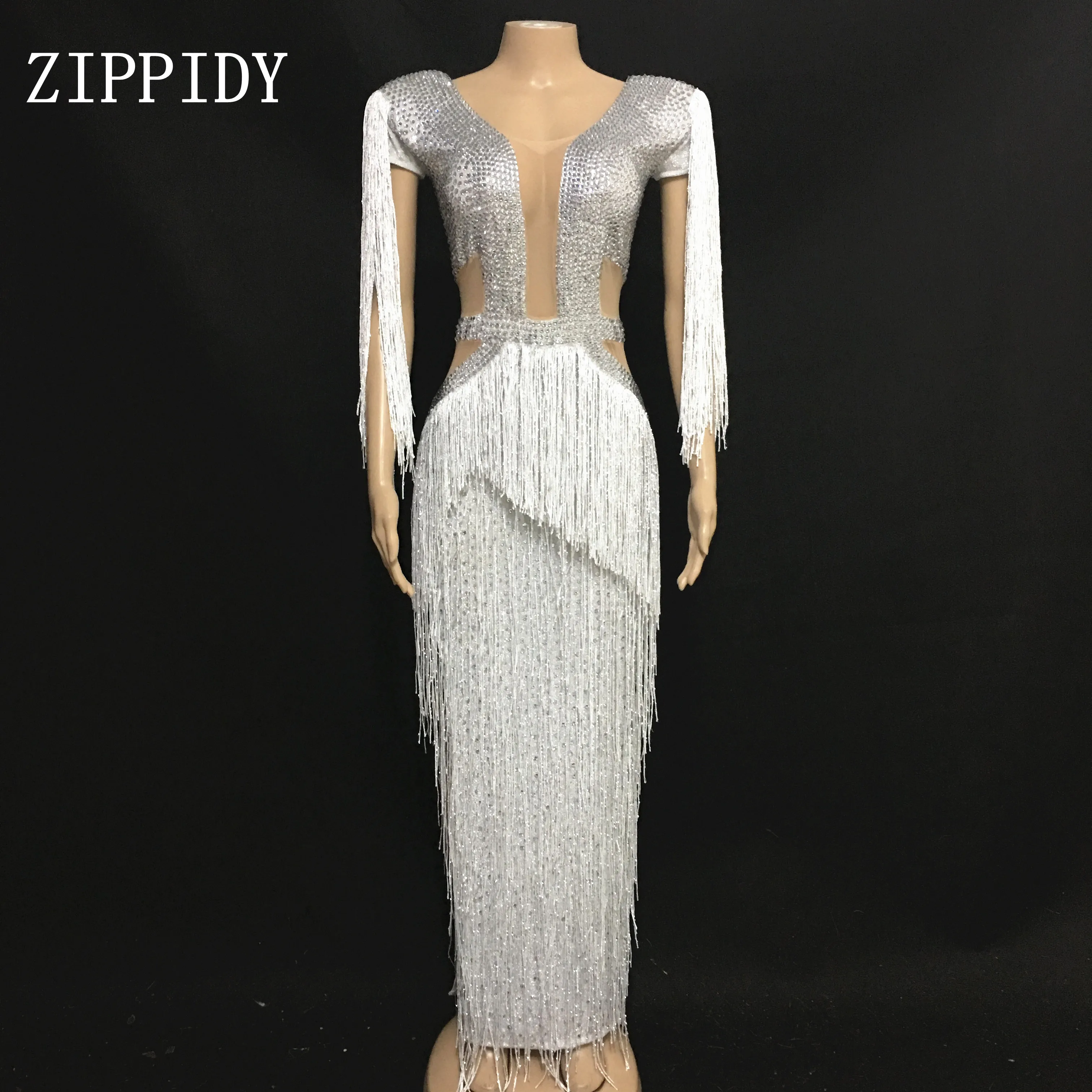 Shining Fashion White Fringes Dress Women Tassel Rhinestones Costume One-Piece Dress Female Birthday Celebrate Long Dress
Shining Fashion White Fringes Dress Women Tassel Rhinestones Costume One-Piece Dress Female Birthday Celebrate Long Dress