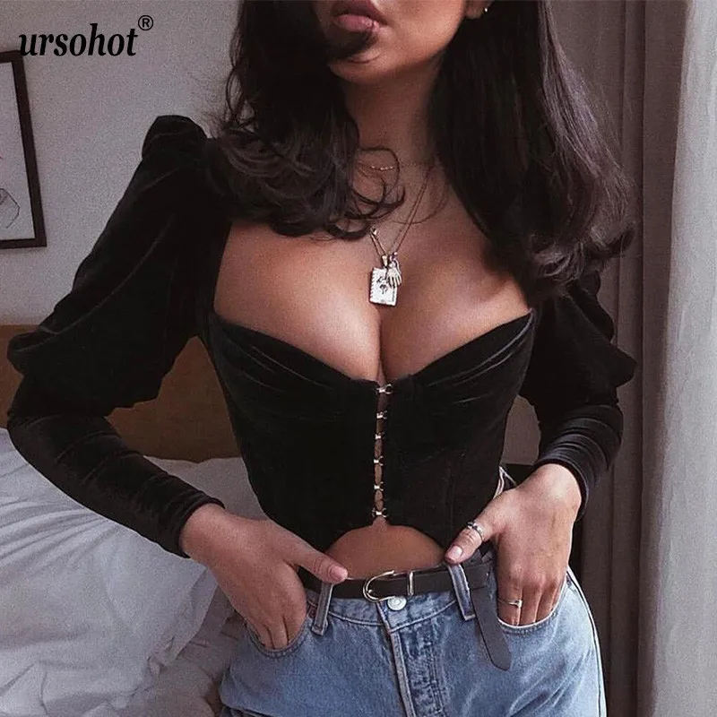 Женская винтажный буф с рукавами Ursohot черная бархатная футболка без бретелек