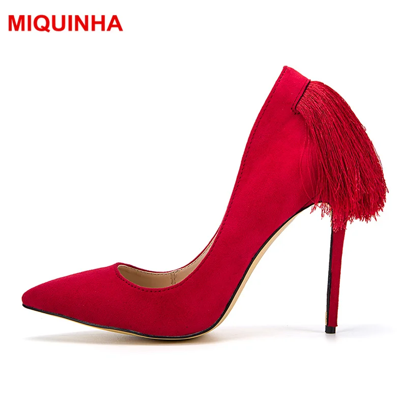 Image MIQUINHA Brand Red Suede Back Fringe Women Pumps Ladies Shoes Slip On Stiletto High Heel Sexy Pointed Toe Wedding Shoes Woman