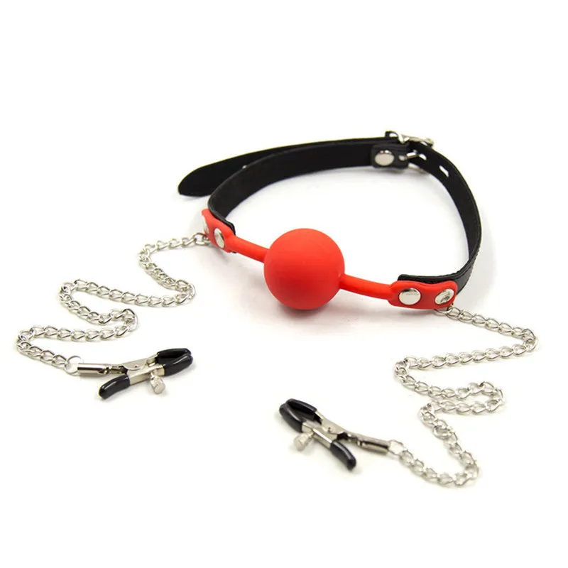 Erotic Gag Toys Open Mouth Silica Gel Ball Oral Fixation Bondage Restraints Fetish With Breast Nipple Clamps Chain Clips |