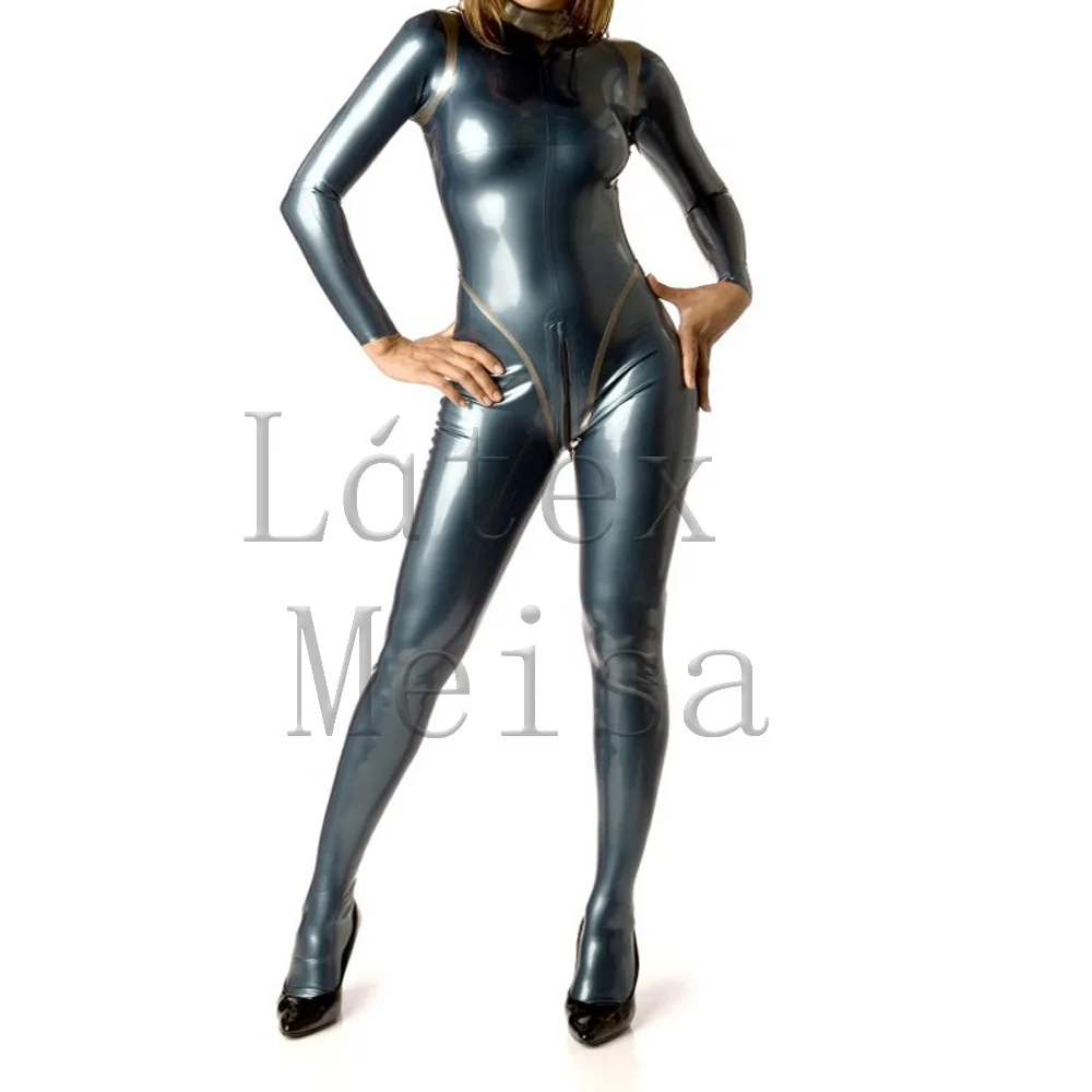 0.4mm thickness latex catsuit attached front zip to back waist and with socks for women in metallic blue color
0.4mm thickness latex catsuit attached front zip to back waist and with socks for women in metallic blue color