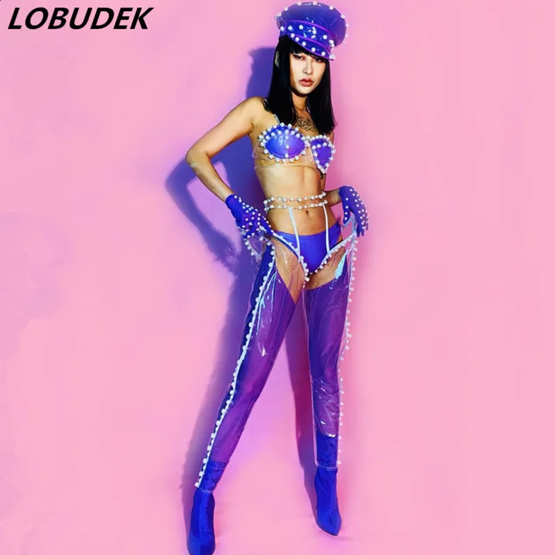 Sexy Female Nightclub Dance performance Costume Purple Pearls Bikini 6 Pieces Dance Outfit Bar Club Party Show DJ Stage Wear Set
Sexy Female Nightclub Dance performance Costume Purple Pearls Bikini 6 Pieces Dance Outfit Bar Club Party Show DJ Stage Wear Set