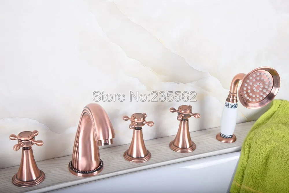 Antique Red Copper Finish Widespread Bathtub 5 Pcs Set Faucet with Handheld Shower Head ltf200
Antique Red Copper Finish Widespread Bathtub 5 Pcs Set Faucet with Handheld Shower Head ltf200