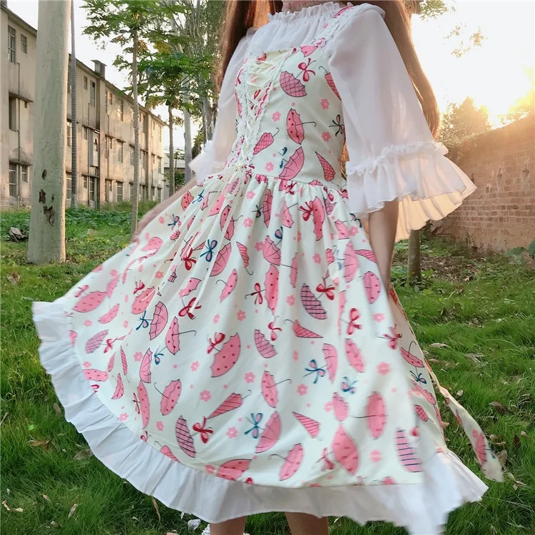 Cute Doughnut Print Sweet House Pink Lolita Sleeveless Dress Girl Chiffon Fairy Cute Sleeveless Bows Fancy Dolly Sling Dress
Cute Doughnut Print Sweet House Pink Lolita Sleeveless Dress Girl Chiffon Fairy Cute Sleeveless Bows Fancy Dolly Sling Dress