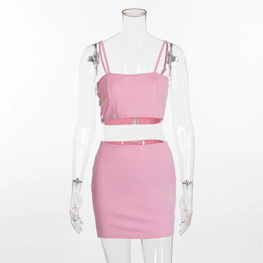 FREE SHIPPING Two Piece Set Diamond Sequin Hollow Crop Top and Skirt Short JKP1165