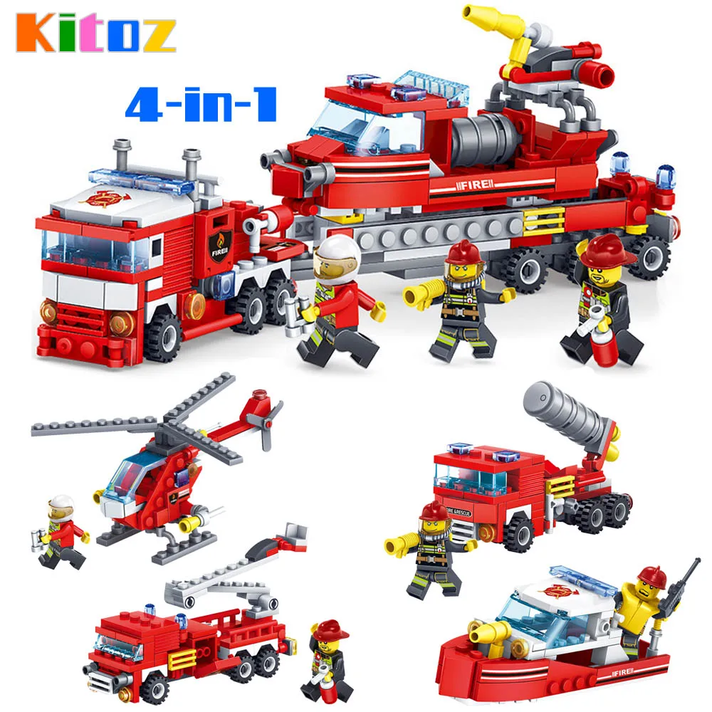 Kitoz 4 в 1 городской пожарный грузовик Строительный блок Набор утилита автомобиль