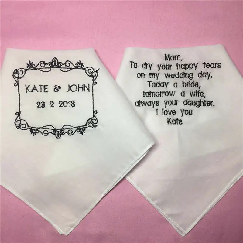 1 Set/ 2pcs Wedding Handkerchiefs for Parents, Embroidered Wedding Hankies for Mother and Father, Personalized Wedding Gift
1 Set/ 2pcs Wedding Handkerchiefs for Parents, Embroidered Wedding Hankies for Mother and Father, Personalized Wedding Gift