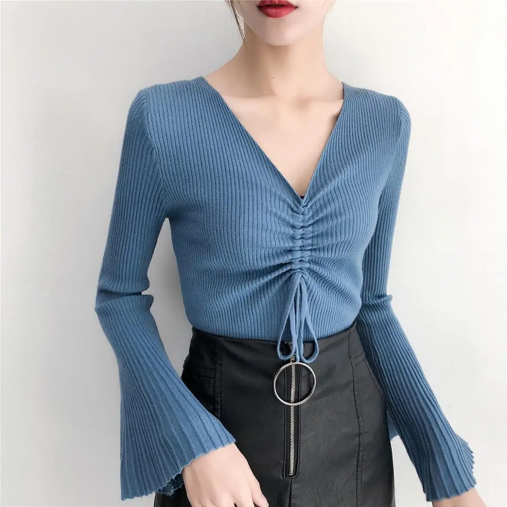 Flare Sleeve Black Sweater Women 8 Solid Color Korean Style V Neck Lace-up Slim Sweet Ladies Sweaters Autumn S-XL Pink Top Femme
Flare Sleeve Black Sweater Women 8 Solid Color Korean Style V Neck Lace-up Slim Sweet Ladies Sweaters Autumn S-XL Pink Top Femme