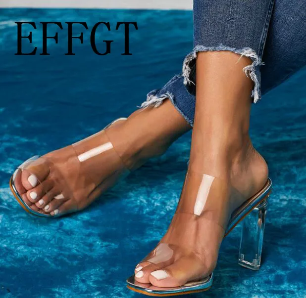 Фото EFFGT ПВХ прозрачные тапочки с открытым носком сексуальные летние на высоком