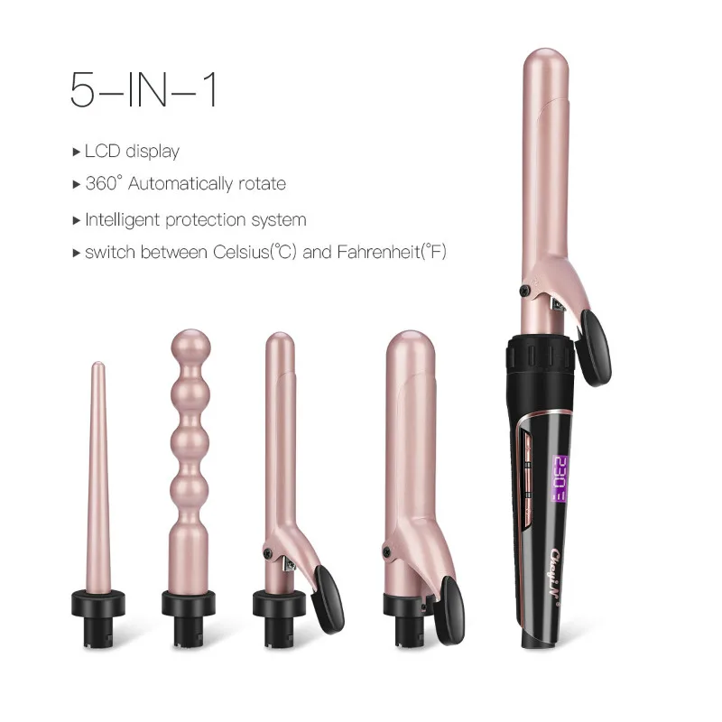 

CkeyiN 5 in 1 Hair Curler Curling Iron Wand Set with Interchangeable Barrels and Heat Resistant Glove Hair Curler Set