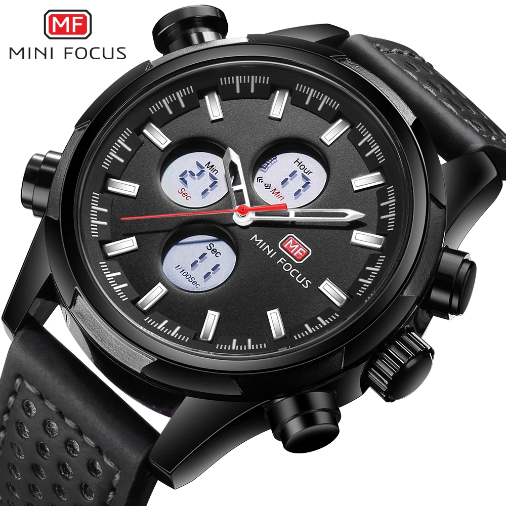 MINI FOCUS Men Watch Casual Fashion LED Quartz Analog Men's Sports Watches Genuine Leather Chronograph Male Dual Display Clock | Наручные