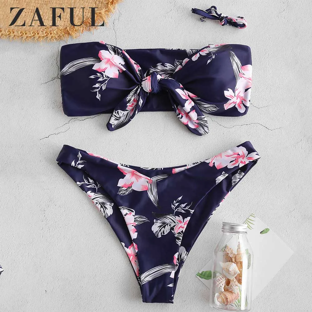 

ZAFUL Bandeau Bikini Side Boning Floral Tie Front Bikini Set Wire Free Women Strapless Swimsuit Bathing Suit Sexy Swimwear 2019