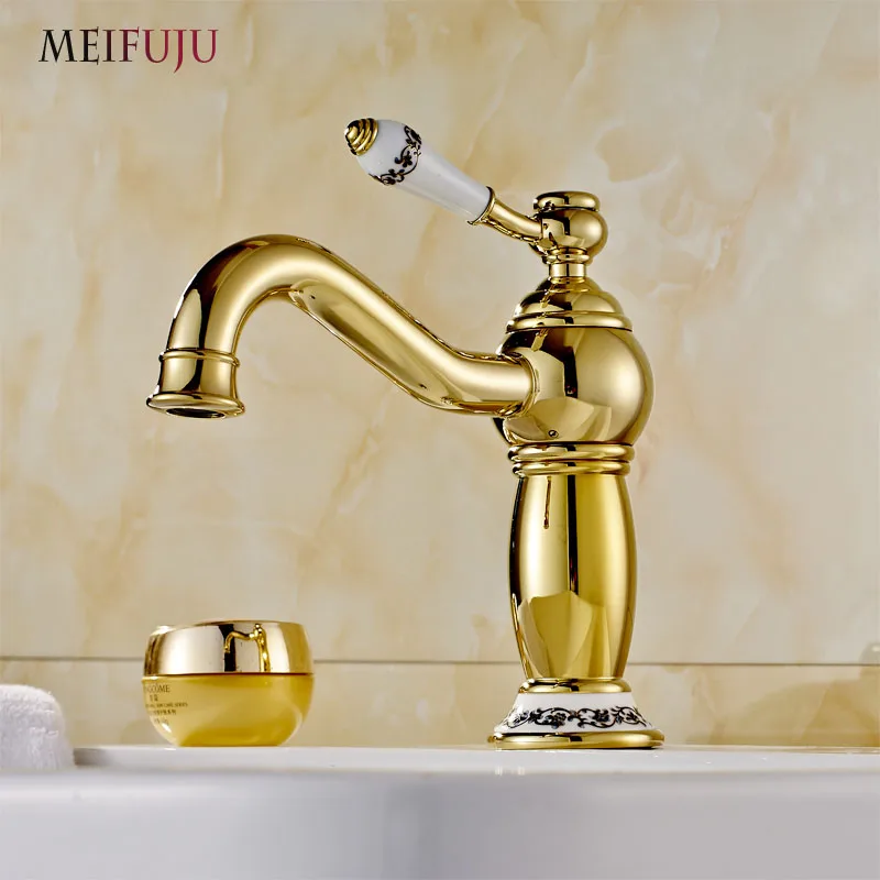 

Luxury Golden Finish Bathroom Basin Faucet Single Handle Bathroom Sink Mixer Faucet Crane Tap Brass Hot Cold Water Deck Mounted