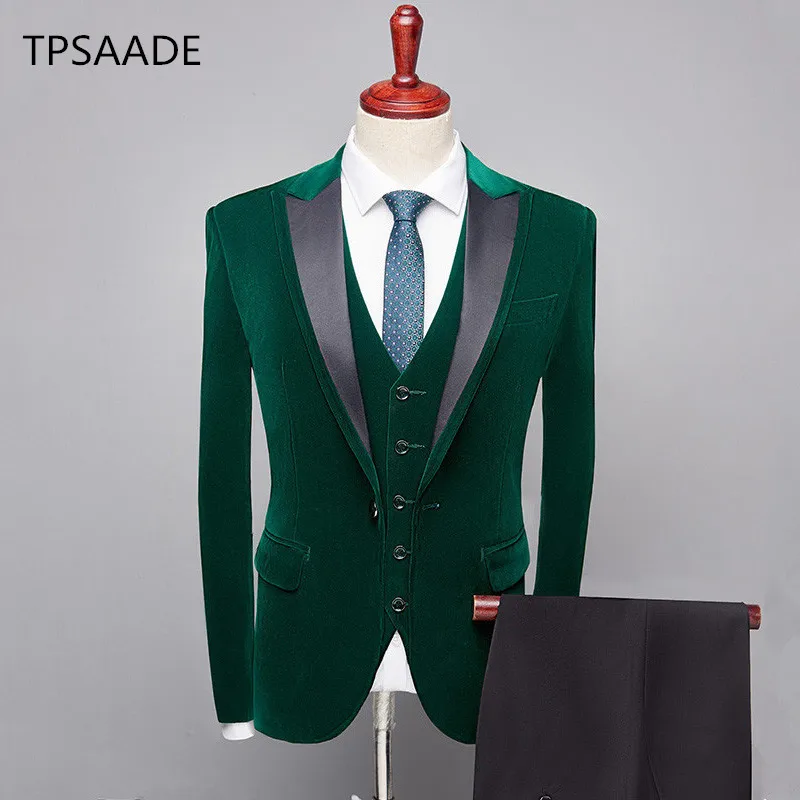 Mens-Dark-green-Slim-Fit-Peaked-Lapel-3-Piece-Suit-Groom-Formal-Business-Tuxedos-Wedding-Men