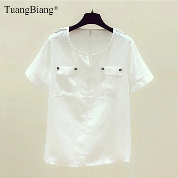 Women 2019 White Cotton Shirts Summer Short Sleeve V-Neck Female Casual Blouse Cotton and linen Autumn Pockets Botton lady Tops
Women 2019 White Cotton Shirts Summer Short Sleeve V-Neck Female Casual Blouse Cotton and linen Autumn Pockets Botton lady Tops