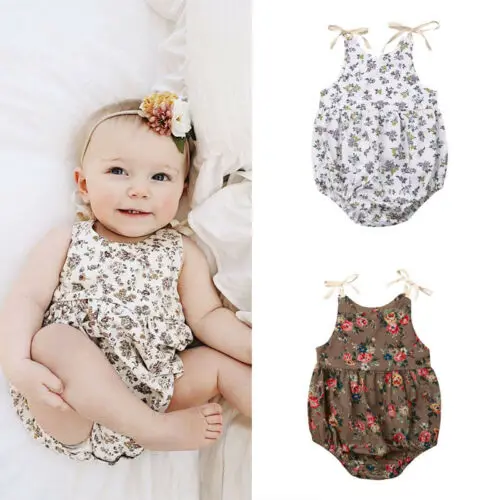 Newborn Baby Girls Print Shoulder Strap Sleeveless Flower Cotton Jumpsuit Bodysuit Summer Clothes Outfits | Мать и ребенок