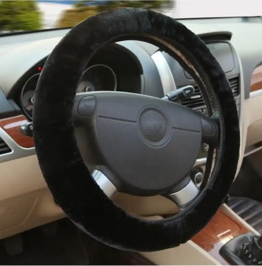 Black Fluff Faux Fur Warm Washable Car Steering Wheel Cover Thick 38CM Elastic
