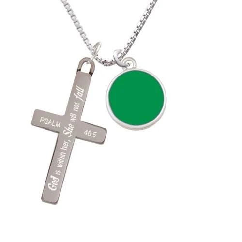 Small Green Enamel Disc - She will not Fall - Cross Necklace (1)