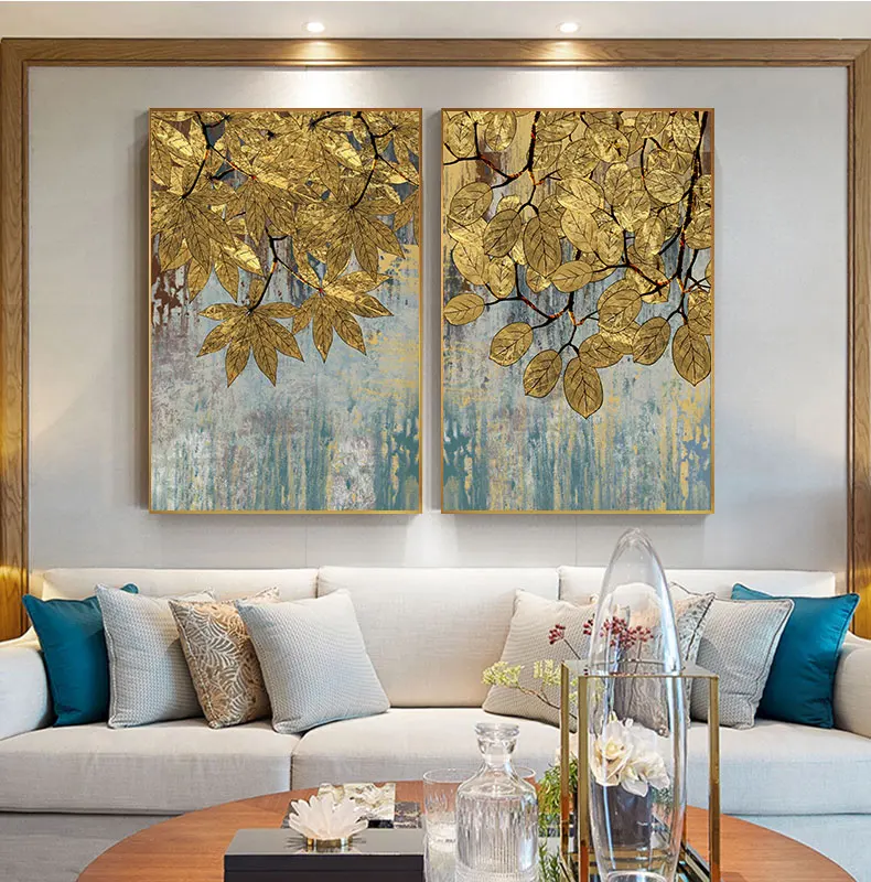 Póster con impresión de hojas de lámina dorada abstracta, póster con