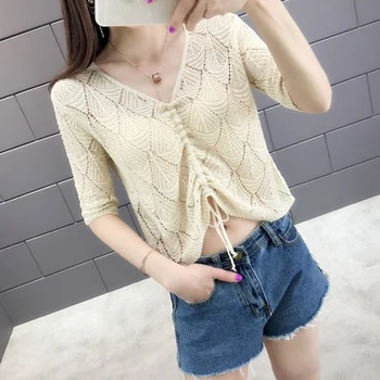 New 2019 spring and summer fashion new cool V-collar with rope five-point sleeve hollow-out knit sweater
New 2019 spring and summer fashion new cool V-collar with rope five-point sleeve hollow-out knit sweater