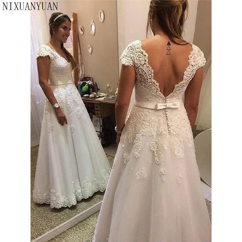 V Neck Cap Sleeve Wedding Dresses Beading A Line Open Back Applique Floor Length Bridal Dress with Sash Button Vestido De Noiva
V Neck Cap Sleeve Wedding Dresses Beading A Line Open Back Applique Floor Length Bridal Dress with Sash Button Vestido De Noiva