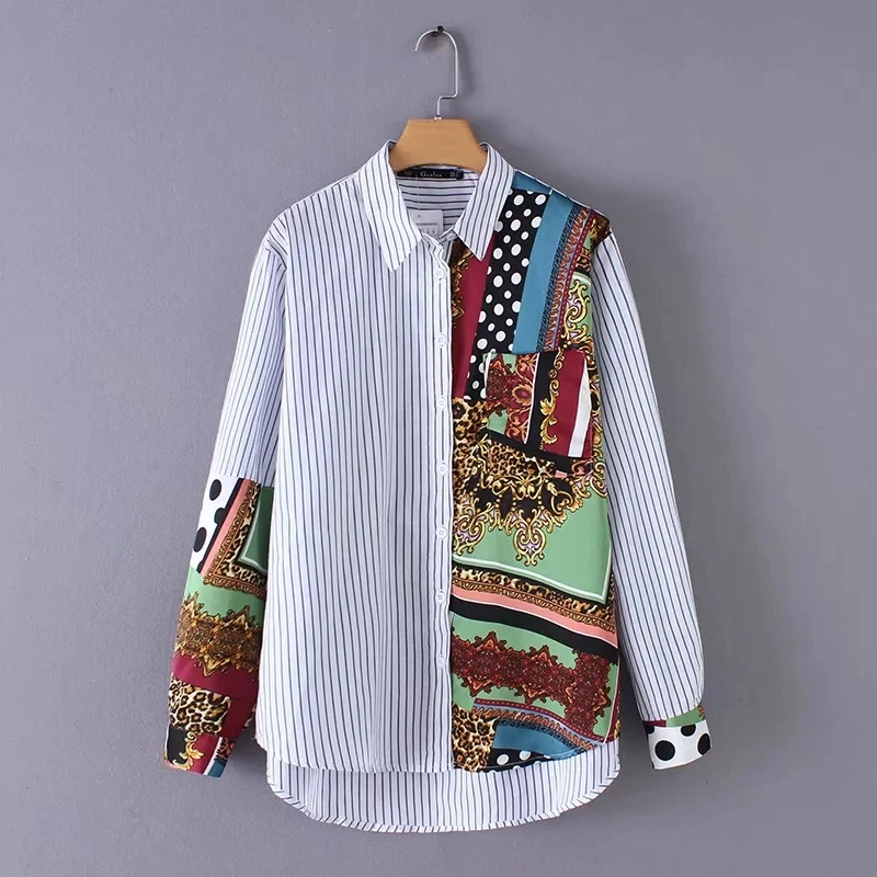women retro printing splicing stripe shirt casual lady long sleeve blouses fashion loose tops feminina chemise S5031
women retro printing splicing stripe shirt casual lady long sleeve blouses fashion loose tops feminina chemise S5031