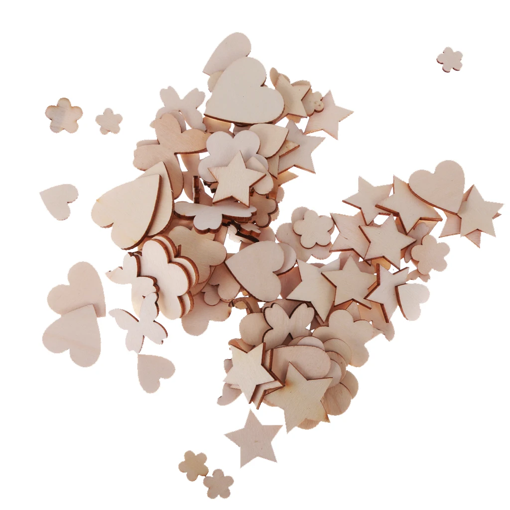 200pcs Assorted Shapes Natural Wooden Craft Embellishments MDF Wood Cutout Scrapbooking for DIY Art Wedding Decoration