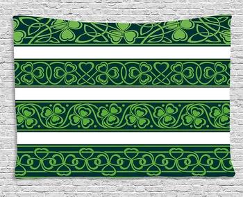 

Irish Tapestry Set of Four Shamrock Borders Gaelic Nature Botany Theme Artsy Trefoils Swirls, Wall Hanging for Bedroom