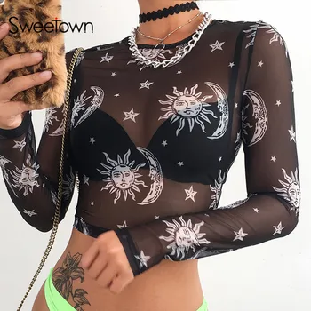 Sweetown Moon And Galaxy Print Summer 2019 Mesh T-Shirt Women Long Sleeve Gothic Crop Top Knitted Slim Transparent Sexy Tshirts
Sweetown Moon And Galaxy Print Summer 2019 Mesh T-Shirt Women Long Sleeve Gothic Crop Top Knitted Slim Transparent Sexy Tshirts
