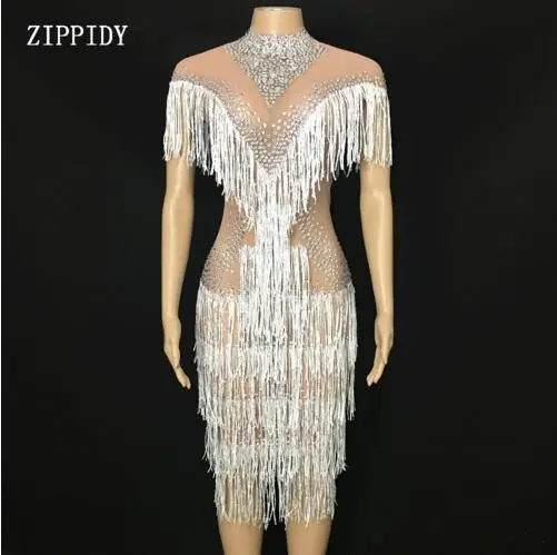 Fashion Shining Rhinestones White Tassel Perspective Dress Birthday Through Mesh Dress Fringes Costume Dance Dress
Fashion Shining Rhinestones White Tassel Perspective Dress Birthday Through Mesh Dress Fringes Costume Dance Dress