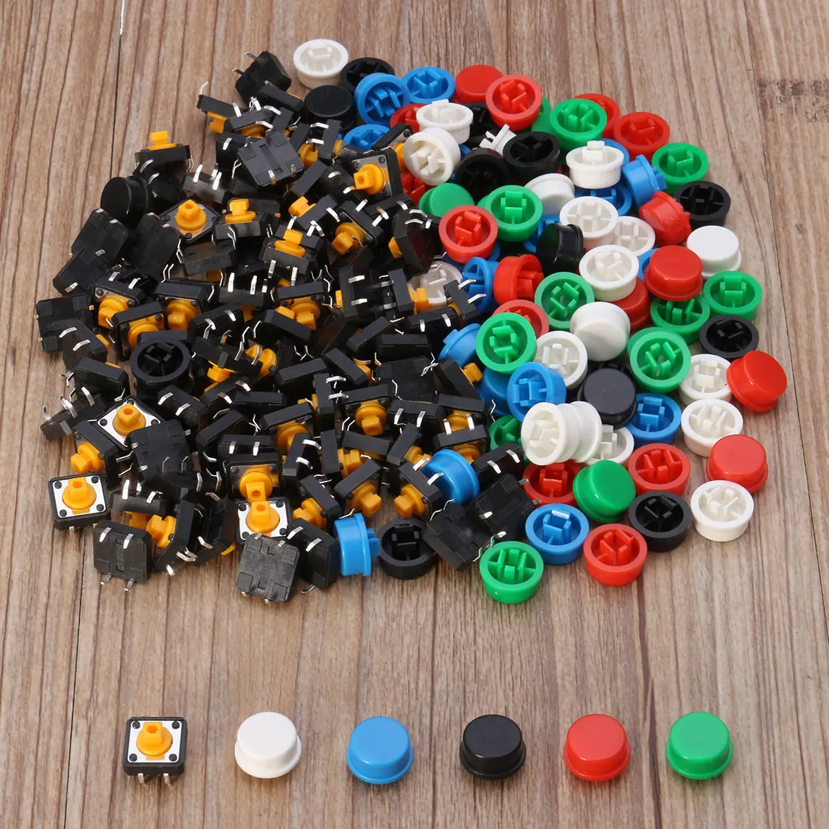 New 100pcs Plastic Tactile Switch PCB Tact Push Button Momentary Switch 4 Pins + 5 Color Button Cap 12 x 12 x 7.3mm
New 100pcs Plastic Tactile Switch PCB Tact Push Button Momentary Switch 4 Pins + 5 Color Button Cap 12 x 12 x 7.3mm