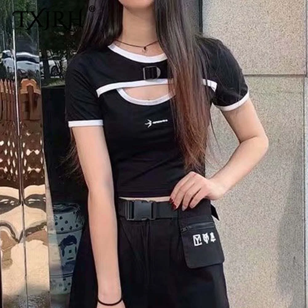 TXJRH Sexy Letter Print Embroidery Chest Hollow Out Short Sleeve Black Tee Stylish Streetwear O-Neck Pullover Short T-Shirt Tops 
TXJRH Sexy Letter Print Embroidery Chest Hollow Out Short Sleeve Black Tee Stylish Streetwear O-Neck Pullover Short T-Shirt Tops