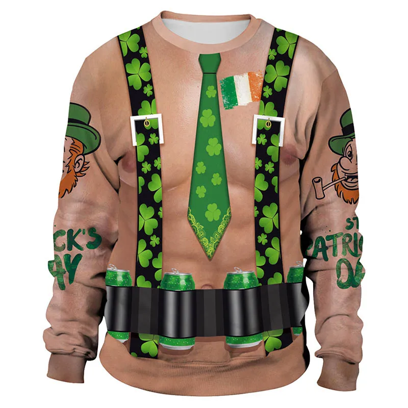 St.Patrick'sDay 3D Print 4 Leaf Clover Vacation Sweater Elf Pullover Funny Womens Men Sweaters Tops Autumn Winter Green Clothing | Женская