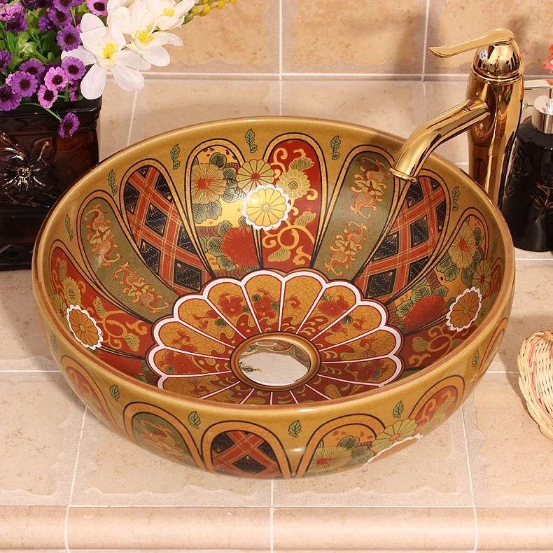 Colourful Handmade Europe Vintage Style Lavobo Ceramic Bathroom Countertop Bathroom Sink hand painted porcelain sink (4)