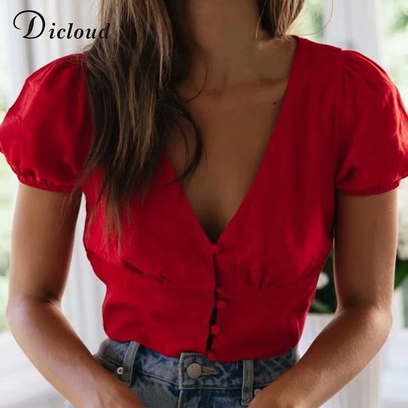 DICLOUD Vintage Puff Sleeve Crop Tops and Blouses Red Women Summer Sexy V Neck Solid Linen Shirt Button Ladies Tops
DICLOUD Vintage Puff Sleeve Crop Tops and Blouses Red Women Summer Sexy V Neck Solid Linen Shirt Button Ladies Tops