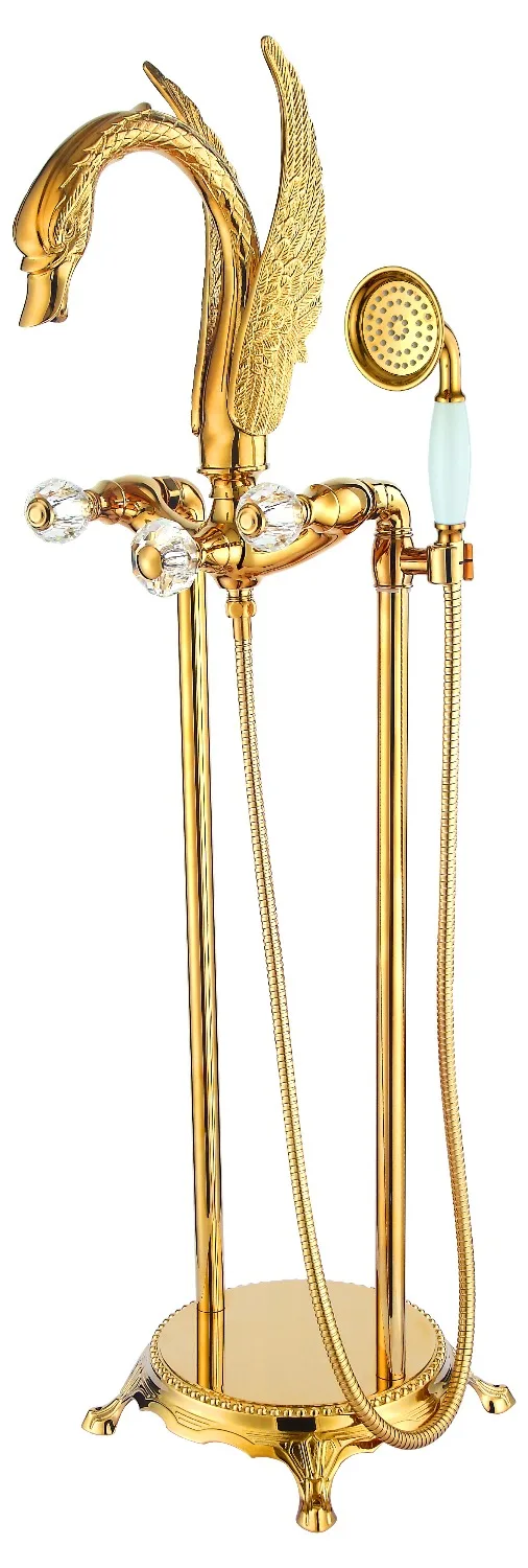 

FREE SHIP floor standing Gold finish PVD SWAN Bath shower Bathtub Faucet WITH Hand Shower (Crystal handles or swan handles )