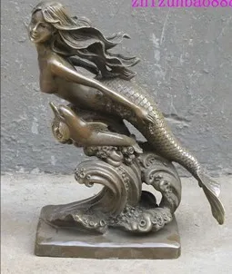 beautiful Bronze ART statue Mermaid and dolphins