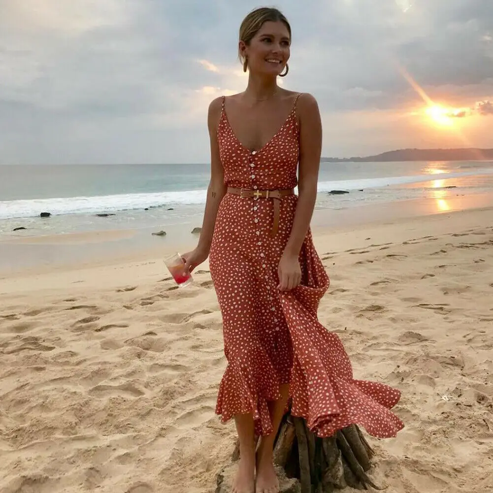 Women Boho Long Maxi Dress Sleeveless V-Neck Ruffles Dot Button Lady Evening Party Summer Beach Sundress
Women Boho Long Maxi Dress Sleeveless V-Neck Ruffles Dot Button Lady Evening Party Summer Beach Sundress
