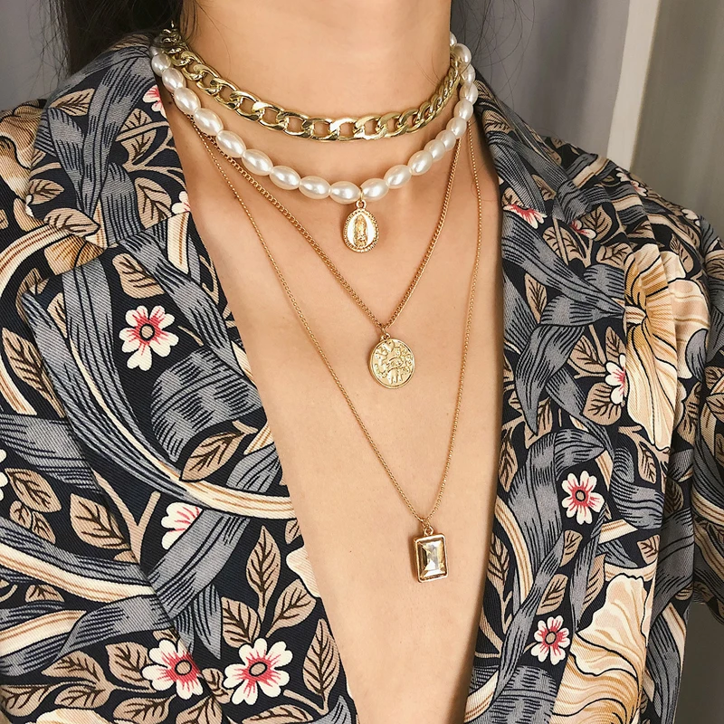 Punk Multi Layered Pearl Choker Necklace Collar Statement Virgin Mary Coin Crystal Pendant Necklace Women Jewelry Wholesale
Punk Multi Layered Pearl Choker Necklace Collar Statement Virgin Mary Coin Crystal Pendant Necklace Women Jewelry Wholesale