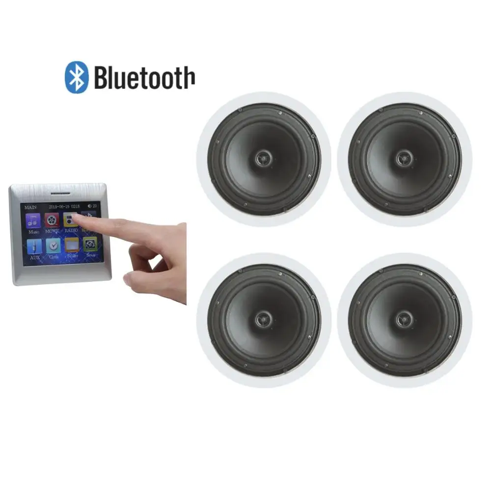 Touch screen in wall audio amplifier with Wireless Remote Control and 4 coaxial ceiling speakers, Supports USB/SD/AUX/FM/BT
Touch screen in wall audio amplifier with Wireless Remote Control and 4 coaxial ceiling speakers, Supports USB/SD/AUX/FM/BT