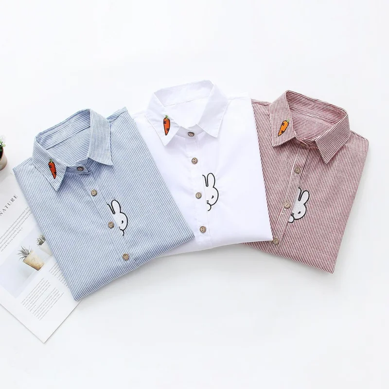 Fashion Rabbit Embroidery Striped Blouse Women Blouses Streetwear Turn Down Collar Long Sleeve Cotton Student Shirt Female
Fashion Rabbit Embroidery Striped Blouse Women Blouses Streetwear Turn Down Collar Long Sleeve Cotton Student Shirt Female