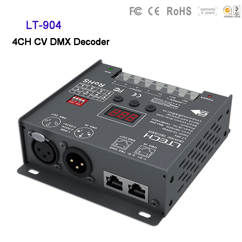 

LTECH 4 Channel LED DMX decoder LT-904 DC12V-24V input;6A*4CH Max. 24A 576W output XLR-3/RJ45 4CH CV DMX Decoder led controller