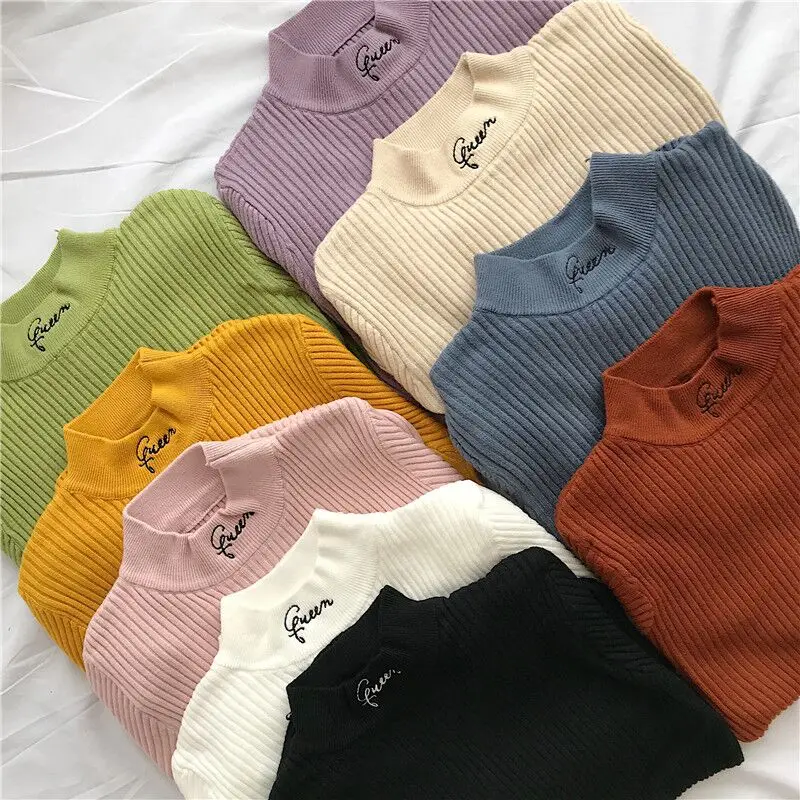 Spring Autumn Letter Embroidery Turtleneck Sweaters Women Casual Long Sleeve Solid Knitted Pullovers Female Slim Elastic Jumper
Spring Autumn Letter Embroidery Turtleneck Sweaters Women Casual Long Sleeve Solid Knitted Pullovers Female Slim Elastic Jumper