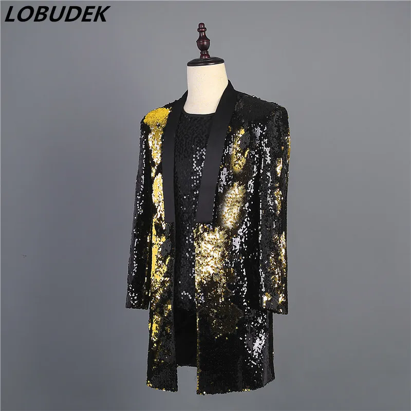 Men's Double-color Flipping Sequins Suit Jacket Stage Costume Golden Black Green Long Coat Nightclub DJ Singer Presenter Clothes
Men's Double-color Flipping Sequins Suit Jacket Stage Costume Golden Black Green Long Coat Nightclub DJ Singer Presenter Clothes