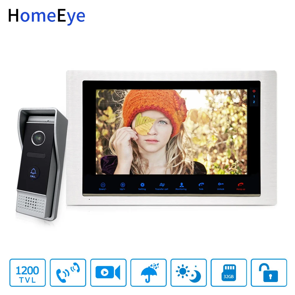 

HomeEye 10'' Video Doorbell Video Intercom Motion Detection OSD Menu Touch Button Security Access System 1200TVL IP65 Waterproof