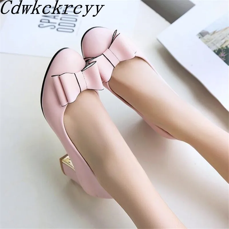 

Spring New pattern fashion Simplicity High-heeled Women Shoes black white Pink Sweet Bow Shallow mouth Women Shoes size 34-43