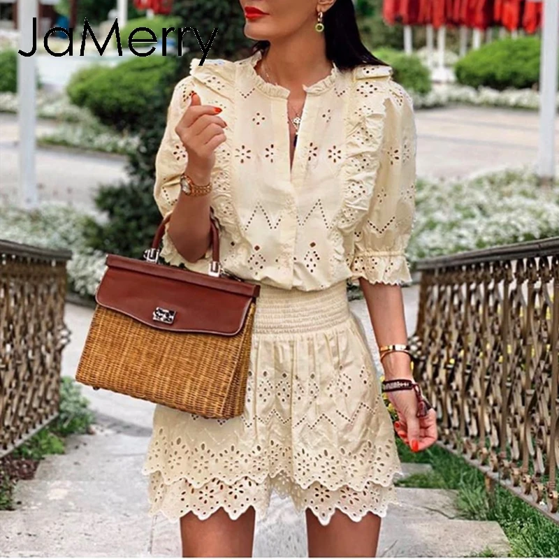 JaMerry Elegant embroidery lace blouse women Summer short sleeve ruffle hollow out tops Fashion ladies solid blouses and tops
JaMerry Elegant embroidery lace blouse women Summer short sleeve ruffle hollow out tops Fashion ladies solid blouses and tops