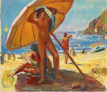 Abstract handmade painting nude girl dressing under beach umbralla on oil canvas for living room decor and wallpaper
Abstract handmade painting nude girl dressing under beach umbralla on oil canvas for living room decor and wallpaper