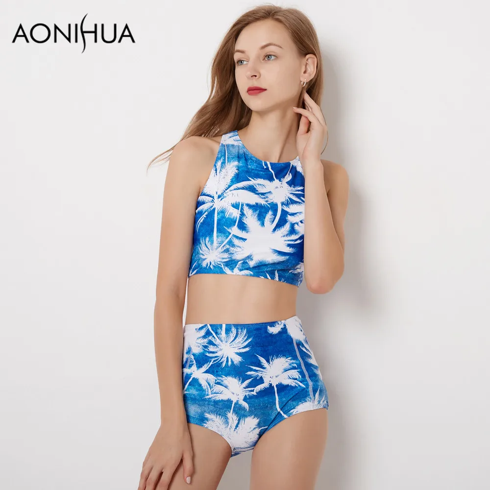 Фото AONIHUA Legend of the blue sea | 2018 новый комплект бикини с принтом пальмы женский пляжный
